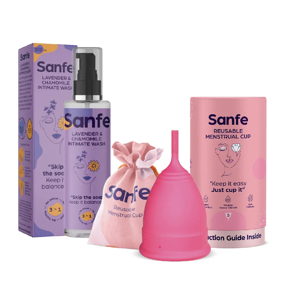 Sanfe Wonder Wander Set - Reusable Menstrual Cup Small and Lavender & Chamomile Intimate Wipes