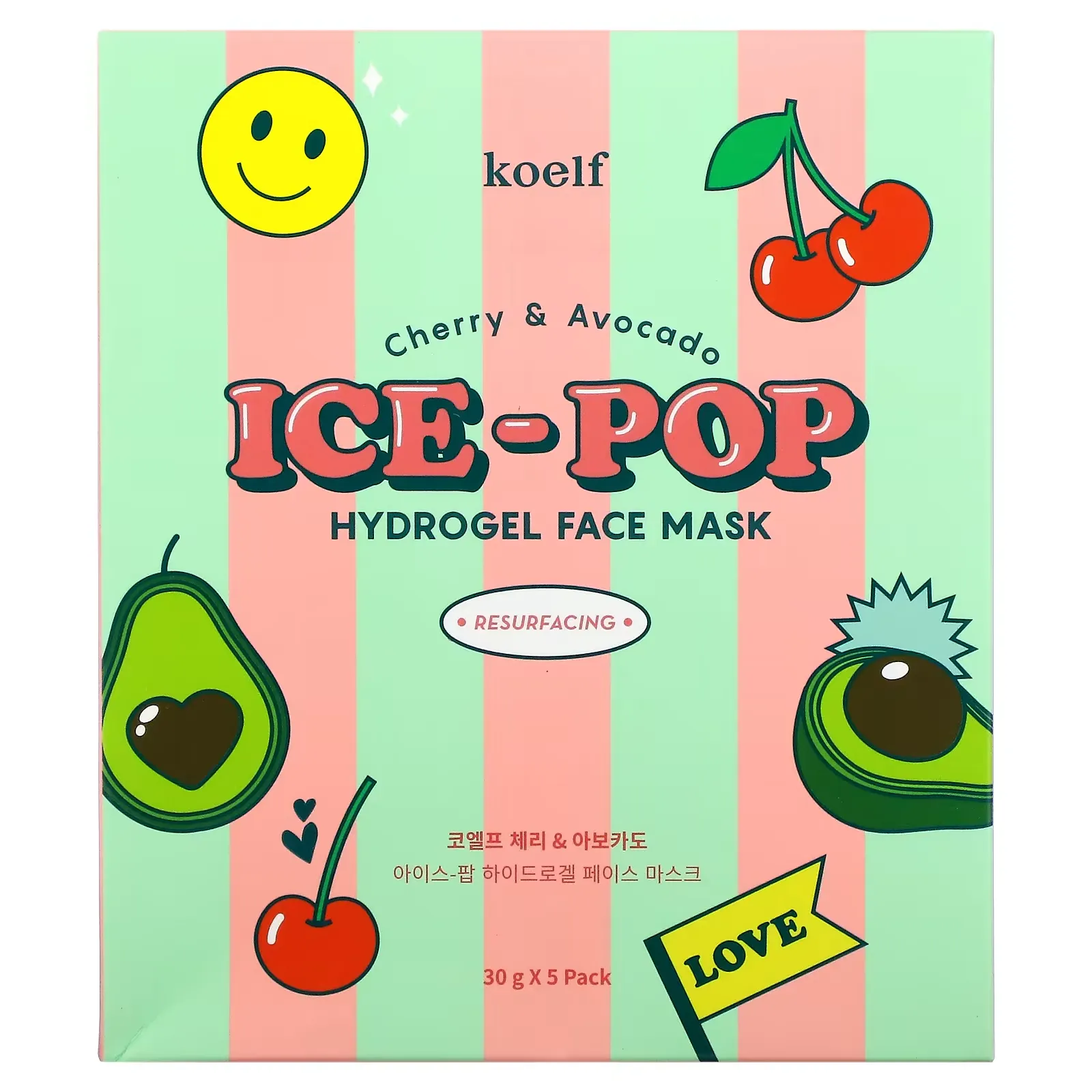 Ice-Pop Hydrogel Beauty Face Mask, Cherry & Avocado, 5 Sheets, 30 g Each