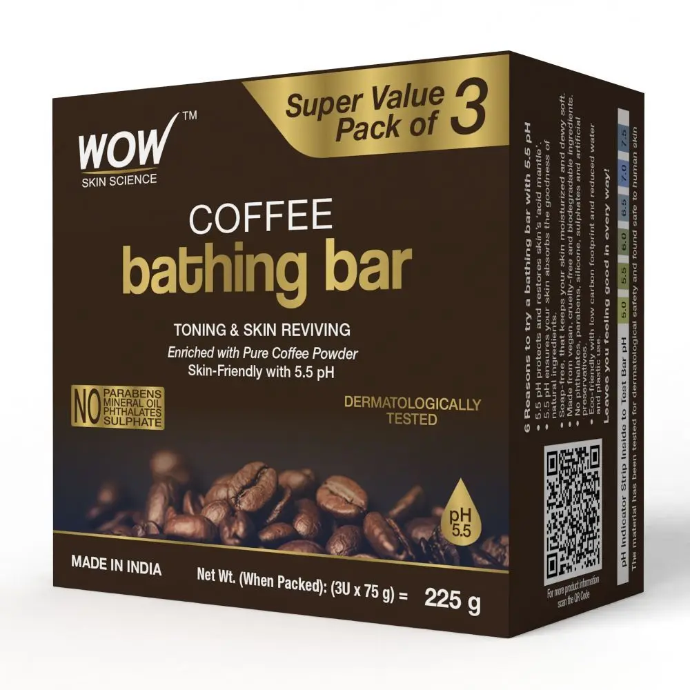 WOW Skin Science Coffee Bathing Bar For Tones And Polishes The Skin - Suitable For All Skin Types - No Phthalates, Parabens, Silicone, Sulphates - 225g